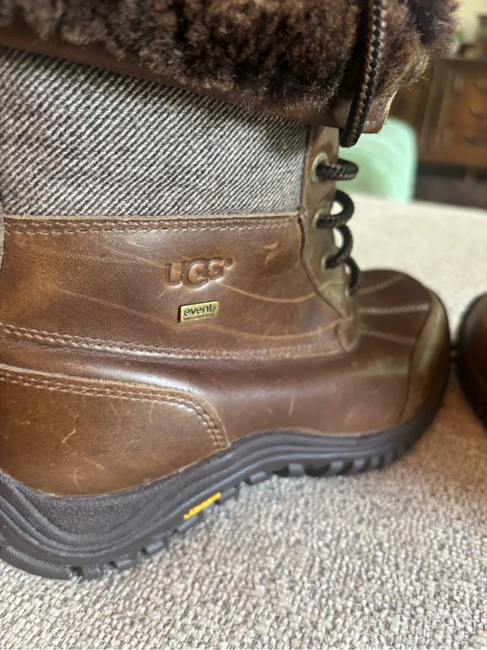 UGG Brown Leather Lace-Up Shearling-Trim Boots